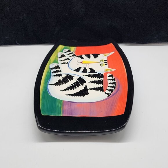 Naylor Designs Ceramic Cat Hanging Plate Black Background Colorful 2005 VTG - Picture 10 of 13